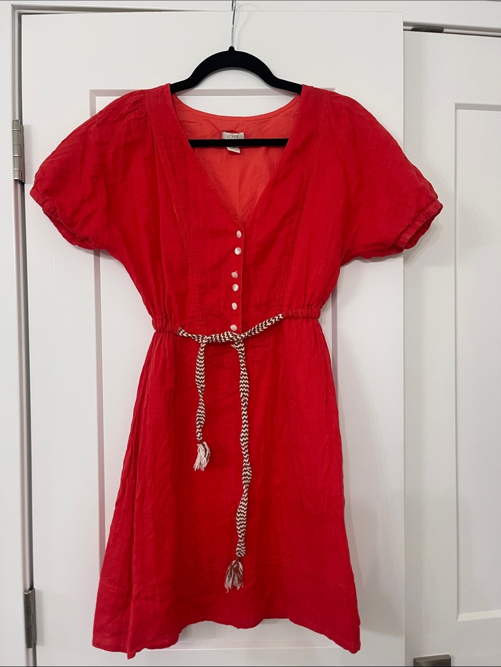 J. Crew Bright Red V-Neck Button Mini Dress with Braided Tie